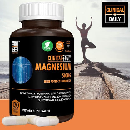 CLINICAL DAILY Pure Magnesium Citrate Capsules High Potency 500mg with Natural Magnesium Oxide. Vegan Magnesium Supplement for Women and Men Supports Rest, Enzyme and Nerve Function. 120 Ct 2 Months