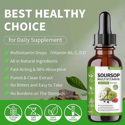 Organic Soursop Bitters Liquid Drops with Vitamin B6, C, D3 Soursop Multivitamin Liquid for Gut Detox Bone Health & Immune Boost Daily Health Support Gluten-Free Vegan & Organic - 4 Fl Oz, 120 ml