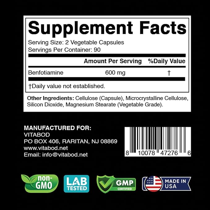 Benfotiamine 600mg – 180 Vegetarian Capsules – Fat-Soluble Vitamin B1 Supplement