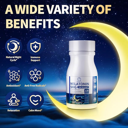 Melatonin 5mg Extended Release Supplements - Women Men Night Support, Relaxation & Immune - 10-in-1 Melatonin Capsules with Ashwagandha & GABA, Sugar Free, 120 Capsules, 60-Day Supply