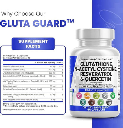 Clean Nutraceuticals Glutathione 500mg Supplement with Vitamin C N Acetyl Cysteine 600mg Berberine 1000mg Resveratrol Quercetin Alpha Lipoic Acid - Reduced L Glutathion Free Form Women 60 Ct USA Made