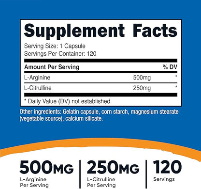 Nutricost L-Arginine L-Citrulline Complex 750mg, 120 Capsules - Non-GMO