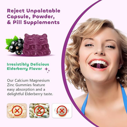 2 Pack Calcium Magnesium Zinc Gummies with Vitamin C D3 K2, Calcium Gummies for Bone, Muscle, Calm & Zzz Support, High Absorption Formula with Magnesium Zinc Potassium, Elderberry Flavored 120 Cts