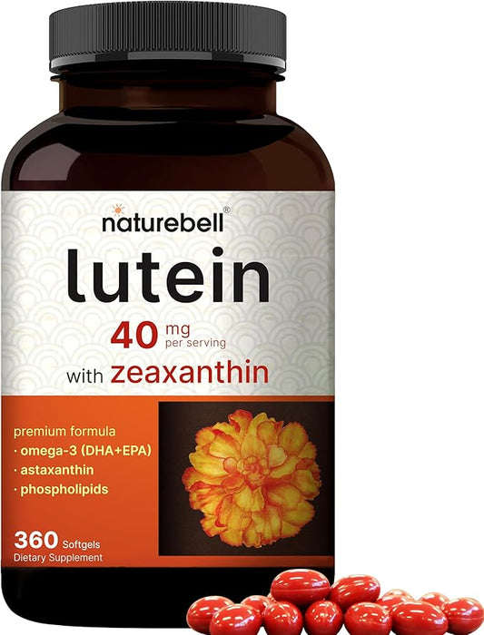 Lutein 40mg and Zeaxanthin 1,600mcg Per Serving, 360 Softgels | 4 in 1 with Omega-3s, Astaxanthin, & Phospholipids – Marigold Flower Extract – Eye Antioxidant Vitamins – Non-GMO