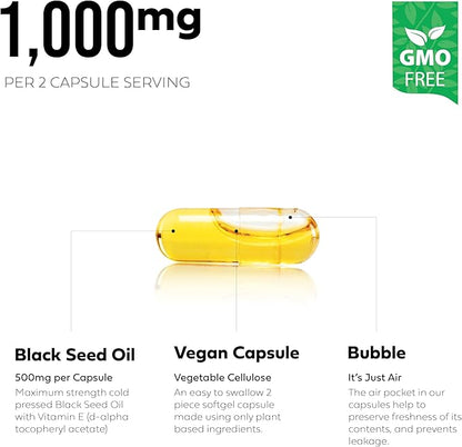Black Seed Oil Capsules | (Non-GMO & Vegan) Cold-Pressed Nigella Sativa Producing Pure Black Cumin Seed Oil | Super Antioxidant for Digestion,Joints, Hair & Skin |500mg Each
