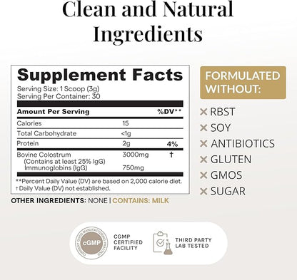 Bovine Colostrum Powder (Unflavored) Grass Fed Colostrum Supplement for Gut Health, Immune Support Healthy Hair, Skin & Nails - 30 Servings
