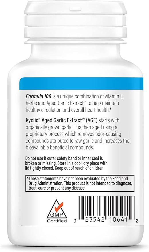 Kyolic Aged Garlic Extract Formula 106, Circulation Health, 100 Capsules (Packaging May Vary)