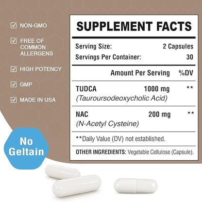 TUDCA with NAC Supplement 1200mg - 120 Capsules,Powerful TUDCA Bile Salt Plus N-Acetyl-Cysteine,Antioxidant Supplements for Liver,Digestion