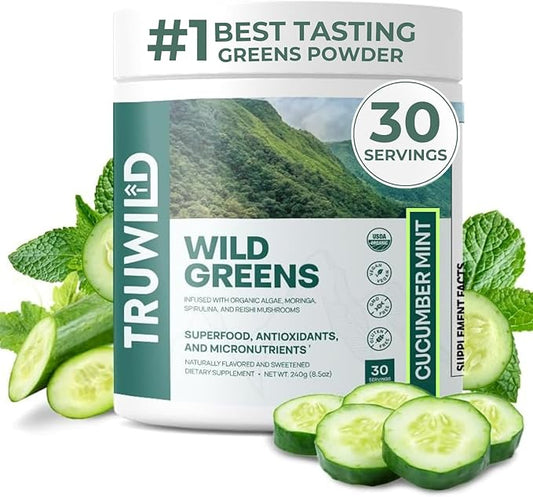 TruWild Greens Superfood Juice Powder, with 22+ Greens & Anti-Oxidants, Delicious Green Juice Powder, Natural Immune, Stress, Digestion Support, 30 Servings Per Tub (Cucumber Mint)