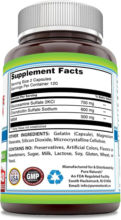 Pure Naturals Glucosamine Chondroitin + MSM Supplement | 1850 Mg | 240 Capsules | Non-GMO | Gluten-Free | Made in USA