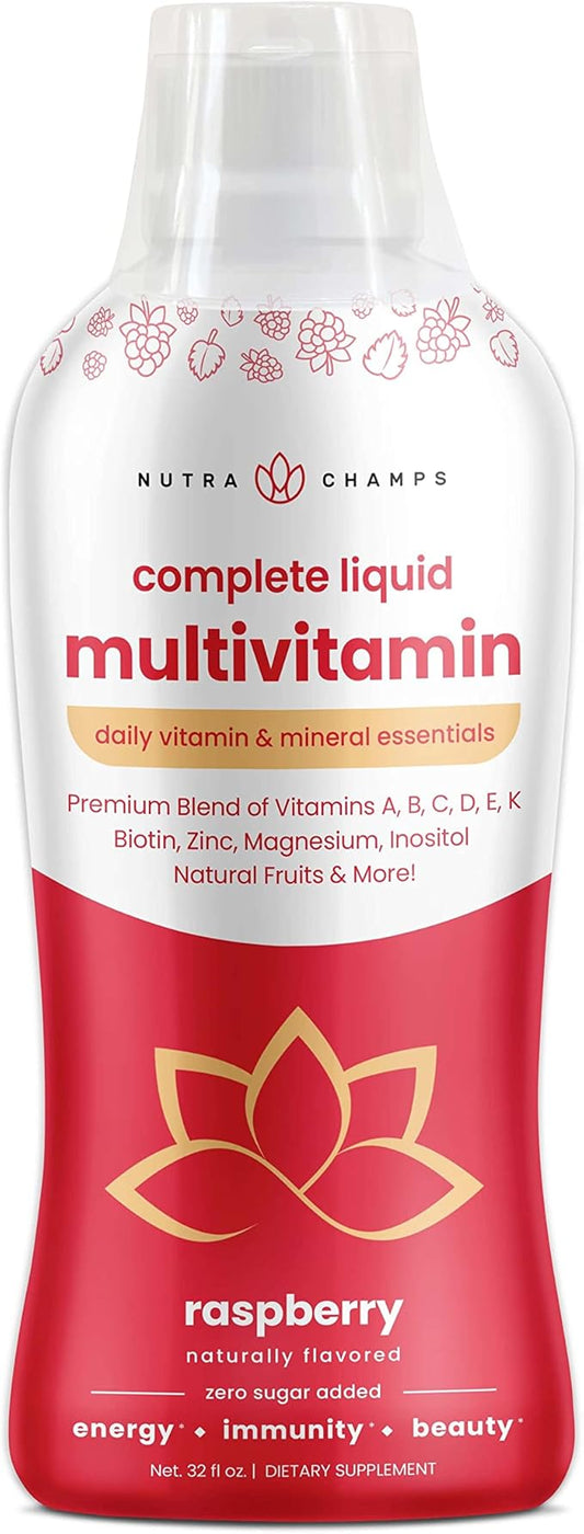 Liquid Multivitamin for Women, Men & Kids | Sugar Free Liquid Vitamins | Vitamin A, B, C, D, E, K, Biotin, Zinc, Magnesium | Energy, Beauty, Immune Support Supplement | Vegan, Natural Raspberry