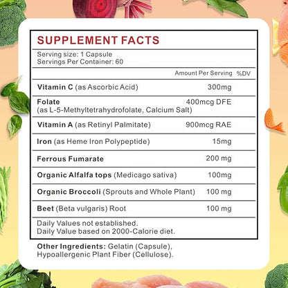 Heme Iron Supplement for Women and Men - Easy to Absorb -Gut Friendly, Iron Supplement with Folate, Vitamin C and Vitamin A - Vegan - 60 Caps