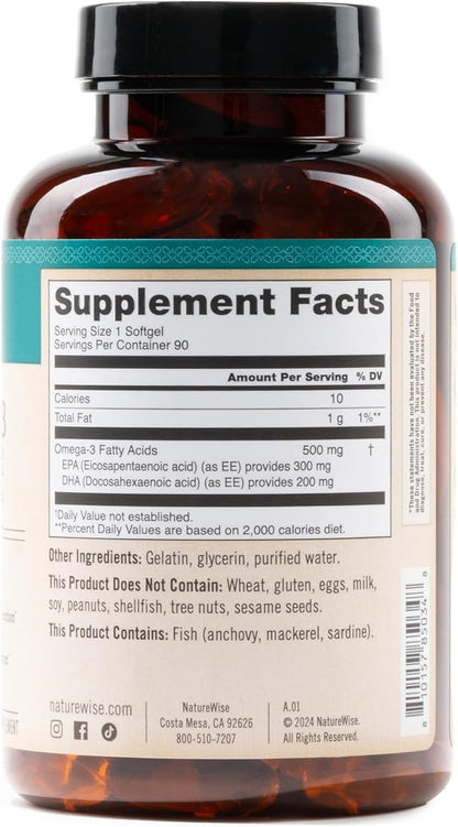 NatureWise Omega 3 Fish Oil - 500 mg per Pill - EPA & DHA - Support for Immune Health & Cognitive Function - Wild-Caught, Gluten and Soy Free, Non-GMO - 90 Softgels[3-Month Supply]