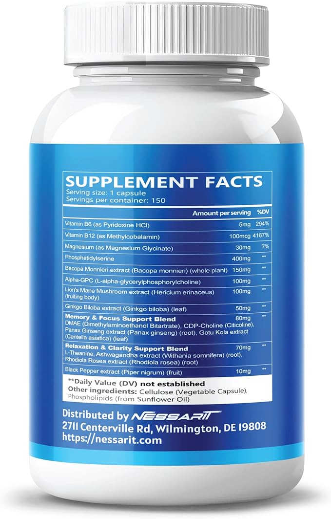 Phosphatidylserine, Bacopa, Alpha-GPC, Lion’s Mane & Ginkgo – Support Cognitive Function & Focus – 150 Capsules – Made in USA