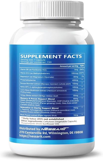 Phosphatidylserine, Bacopa, Alpha-GPC, Lion’s Mane & Ginkgo – Support Cognitive Function & Focus – 150 Capsules – Made in USA