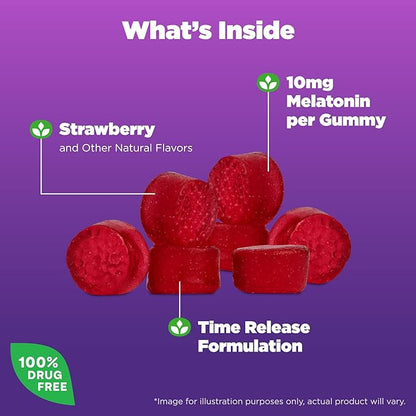 Natrol 10 mg Melatonin Gummies, Time Release Sleep Gummies for Adults, Minimize Wake Ups, Strawberry-Flavored, 55 Count, 55 Day Supply