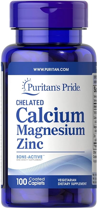 Puritans Pride Chelated Calcium Magnesium Zinc Caplets, 100 Count