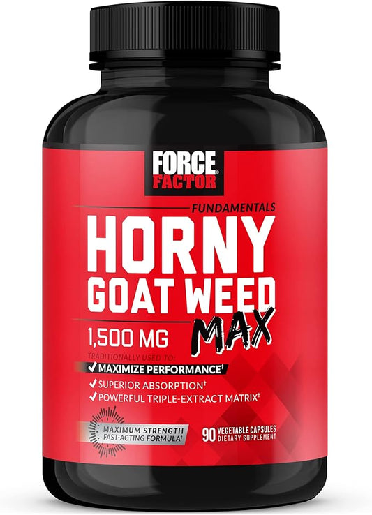 FORCE FACTOR Horny Goat Weed Max, Horny Goat Weed for Men and Women to Maximize Performance and Drive, Triple-Extract HGW Horny Goat Weed Herbal Supplement, 1500mg, 90 Capsules
