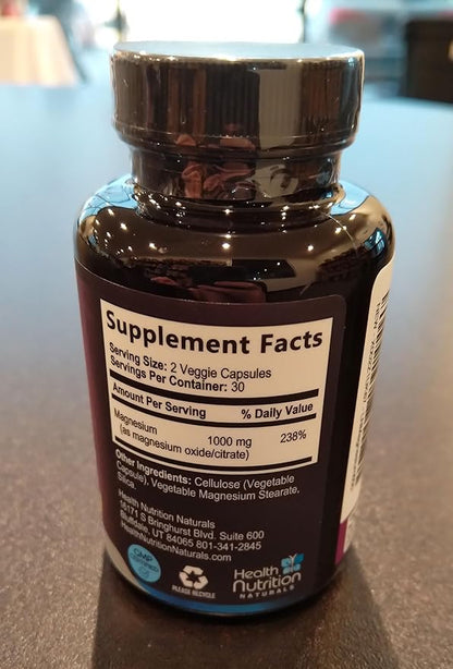 Magnesium Citrate Capsules 1000mg - Max Absorption Magnesium Powder for Muscle, Nerve, Bone and Heart Health Support, High Absorption Citrate Complex, Gluten Free, Non-GMO - 60 Capsules