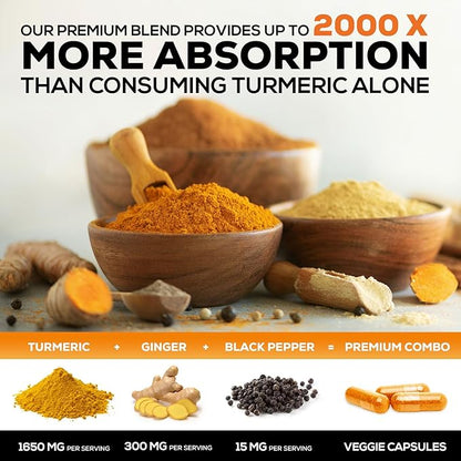 Turmeric Curcumin Supplement 1950mg with Organic Turmeric & Ginger, 95% Curcuminoids, BioPerine Black Pepper for Best Absorption, Nature's Vegan Joint Support, Non-GMO, Bottled in USA - 60 Capsules