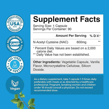 NAC Supplement N-Acetyl Cysteine 600mg - Vegan High Absorption NAC 600 mg Capsules - Glutathione Precursor for Liver Cleanse Detox & Repair plus Lung Health and Immunity Support (180 Servings)