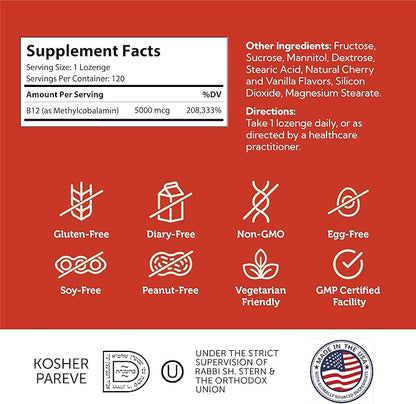 Zahler Energizer+ Vitamin B12-5000 mcg Vitamin B12 - Natural Cherry Flavor Dissolvable Lozenges - Kosher Gluten Free Non-GMO B12 Vitamins 5000 mcg, Energy Boost, Made in USA (120 Count)