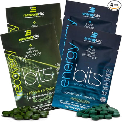 ENERGYbits/RECOVERYbits - Organic Spirulina & Chlorella Tablets - Single Serving Sample Packs - Algae Superfood - High Protein, Chlorophyll - Self Care - Vegan, Keto, Gluten Free - 4 Bags, 30/Bag