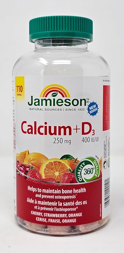 Jamieson Calcium 250mg + D3 400 IU/UI Fruit Flavoured Gummies - Helps to Maintain Bone Health - 110 Count