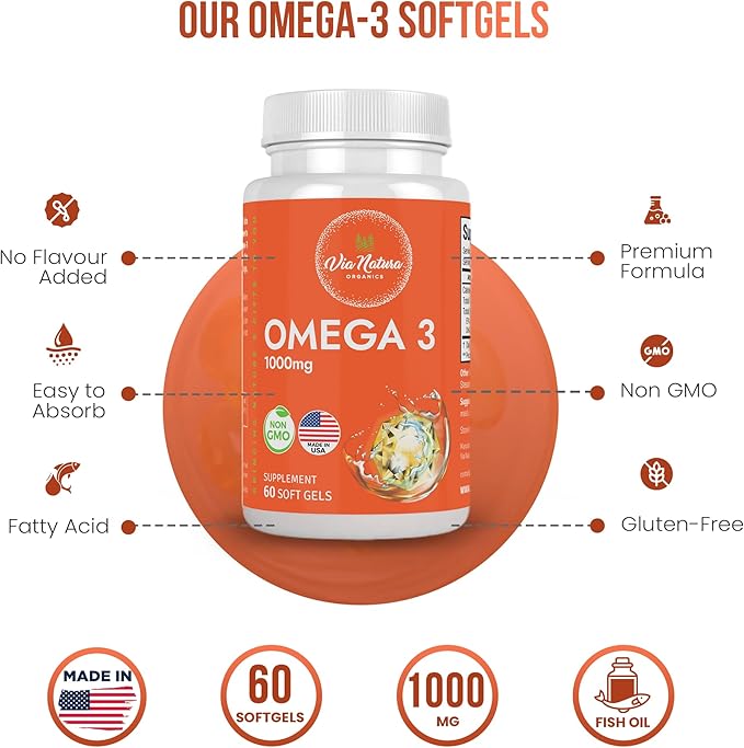 Omega 3 | 1000mg | Fish Oil | Fatty acids | EPA & DHA | Non-GMO | 60 Softgels