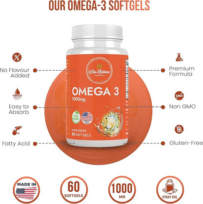 Omega 3 | 1000mg | Fish Oil | Fatty acids | EPA & DHA | Non-GMO | 60 Softgels