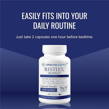 Approved Science Restlex - 420 mg Magnesium Glycinate Blend, L-theanine 200 mg - 180 Capsules - 1 Bottle