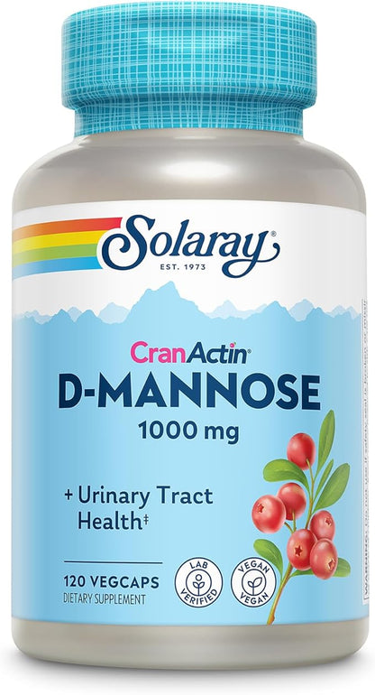SOLARAY D-Mannose 1000mg with CranActin Cranberry Extract - D Mannose Cranberry Supplement with Vitamin C - Supports Urinary Tract and Bladder Health - Vegan, 60 Day Guarantee, 60 Serv, 120 VegCaps