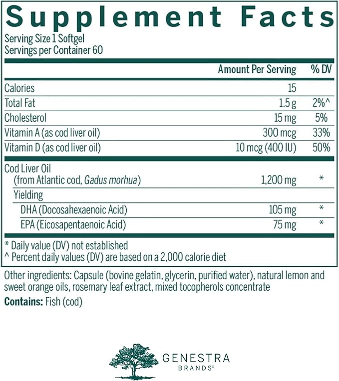 Genestra Brands Cod Liver Oil DHA-EPA Forte Capsules | Blend of DHA, EPA, and Vitamins A and D | 60 Softgels