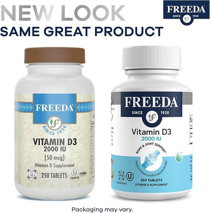 FREEDA Vitamin D3-2000 IU – High-Potency Vitamin D for Bone Strength & Immune Support – Easy-to-Swallow Tablets – 250 Tiny Tablets