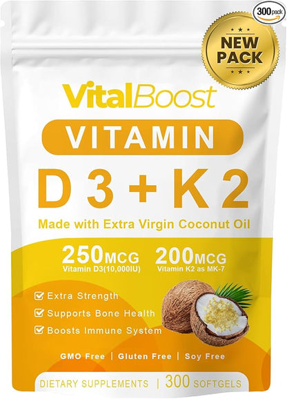 New VitalBoost D3 K2, Vital Boost Vitamin D3 K2 Supplement Softgels, D3 K2 Vitamin 10000 Iu 300 Softgels/Pack
