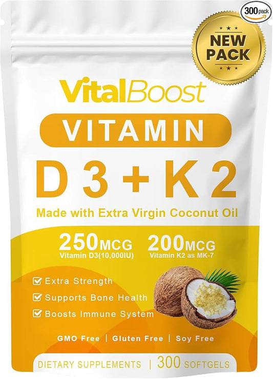 New VitalBoost D3 K2, Vital Boost Vitamin D3 K2 Supplement Softgels, D3 K2 Vitamin 10000 Iu 300 Softgels/Pack