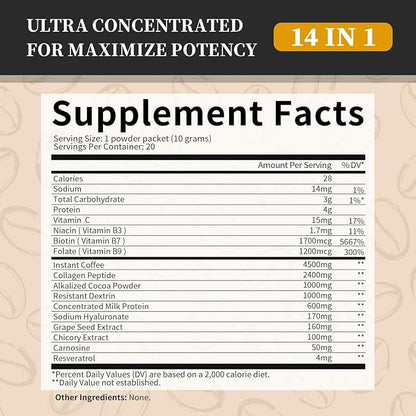Instant Collagen Coffee with Vitamin C, B7, B9, Collagen Peptide Powder with Reseratrol, Carnosine for Hair Skin Nails Bones