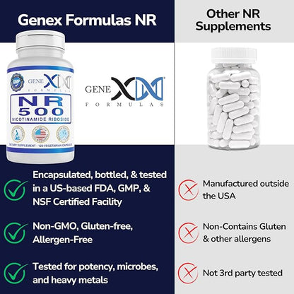 Genex Formulas NR Nicotinamide Riboside 500mg/Serving (120 Capsules) NAD+ Precursor for Healthy Aging - GMP-Certified, Non-GMO, Gluten-Free, Vegetarian (1 Pack)