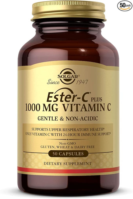 Solgar Ester-C Plus 1000 mg Vitamin C with Citrus Bioflavonoids - 50 Capsules - Gentle & Non Acidic - 24-Hour Immune Support, Supports Upper Respiratory Health - Non-GMO, Gluten Free - 50 Servings