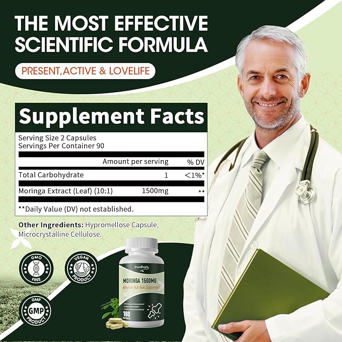 Moringa Pure Capsules, Rich Moringa Powder, A Natural Green Antioxidant Superfood - Supports Energy, Skin Health, Gut Health, with Essential Vitamins & Amino Acids, 180pcs-2 Pack