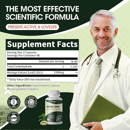 Moringa Pure Capsules, Rich Moringa Powder, A Natural Green Antioxidant Superfood - Supports Energy, Skin Health, Gut Health, with Essential Vitamins & Amino Acids, 180pcs-2 Pack