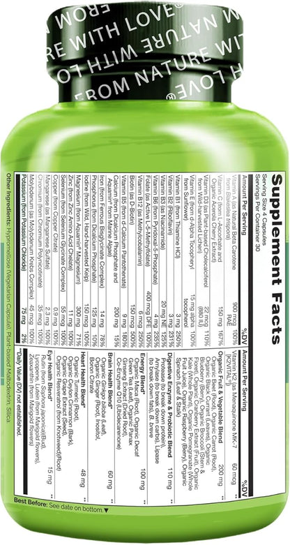 NATURELO Whole Food Multivitamin for Women - with Vitamins, Minerals, & Organic Extracts - Supplement for Energy and Heart Health - Non GMO - 120 Vegan Capsules