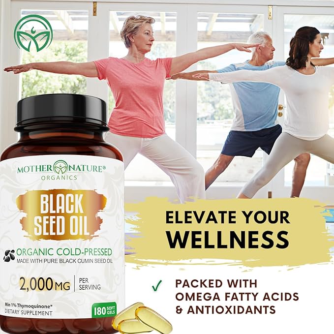Mother Nature - Organic Black Seed Oil Capsules, Cold Pressed, 2% TQ, 100% Turkish-Black Cumin Nigella, Sativa Oil-3 Month Supply for Immune Support, Joint, Digestive Health,1000mg per Capsule, 180ct