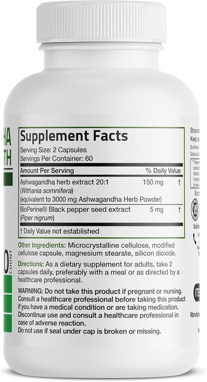 Bronson Ashwagandha Extra Strength Stress & Mood Support with BioPerine - Non GMO Formula, 120 Vegetarian Capsules