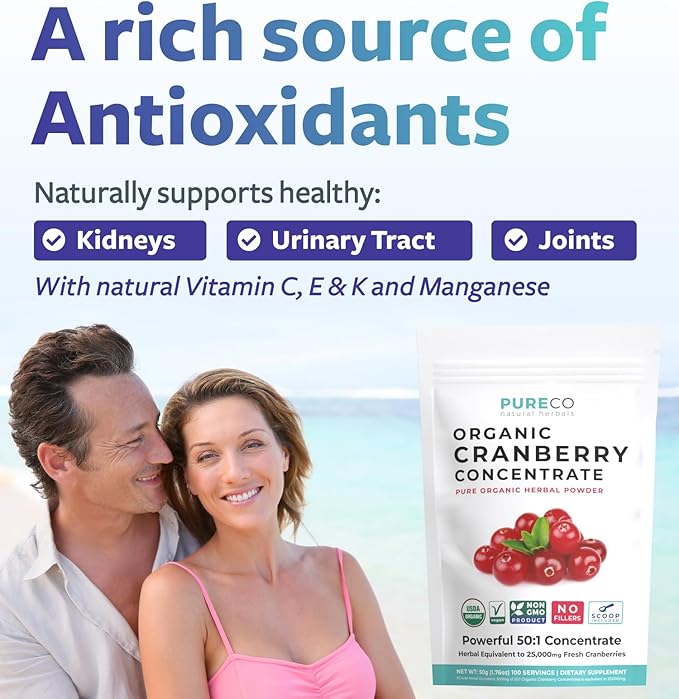 USDA Organic Cranberry Concentrate (50:1) Powder - 500mg is Equivalent to 25,000mg of Fresh Cranberries - for Kidney Cleanse & UTI Support Vitamins - Women - Supplement - 100 Servings - No Pills