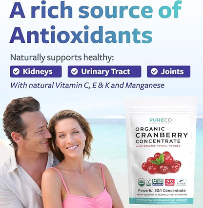 USDA Organic Cranberry Concentrate (50:1) Powder - 500mg is Equivalent to 25,000mg of Fresh Cranberries - for Kidney Cleanse & UTI Support Vitamins - Women - Supplement - 100 Servings - No Pills