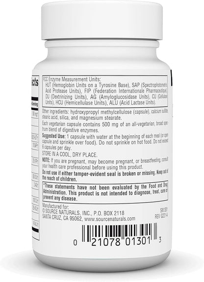 Source Naturals Essential Enzymes 500mg Bio-Aligned Multiple Enzyme Supplement Herbal Defense for Digestion, Gas, Constipation & Bloating Relief - Supports Immune System* - 60 Vegetarian Capsules