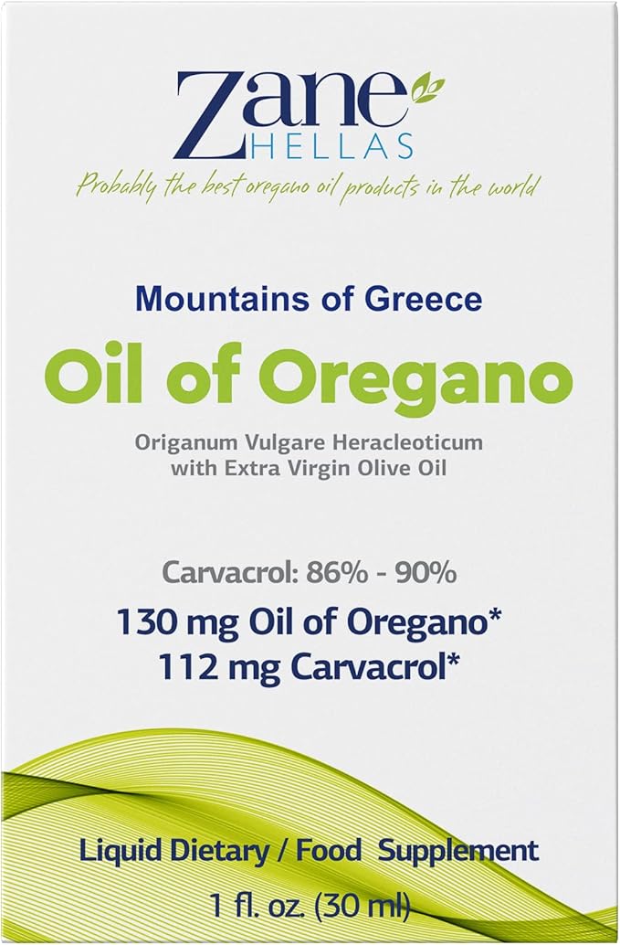 Zane Hellas 70% Oregano Oil. Greek Essential Oil of Oregano .86% Min Carvacrol. 112 mg Carvacrol Per Serving. Probably The Best Oregano Oil in The World. 1 fl. oz.- 30ml