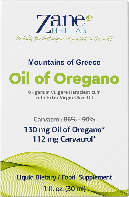 Zane Hellas 70% Oregano Oil. Greek Essential Oil of Oregano .86% Min Carvacrol. 112 mg Carvacrol Per Serving. Probably The Best Oregano Oil in The World. 1 fl. oz.- 30ml