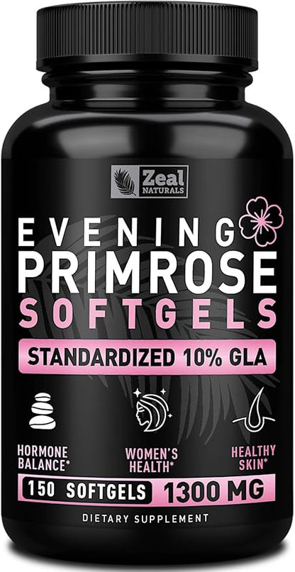 Evening Primrose Oil Capsules (150 Liquid Softgels | 1300mg) Premium Evening Primrose Oil – Natural-Sourced Hormone Support Supplement for Women - Cold Pressed w. 10% GLA
